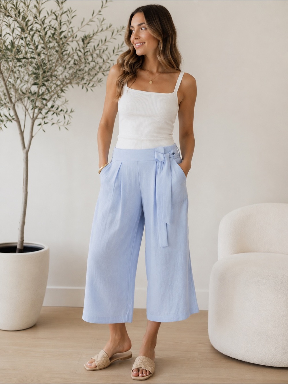 147) NWT Jules & Leopold Light Blue Wide Leg Crop Pants Tie Waist Resort Chic
